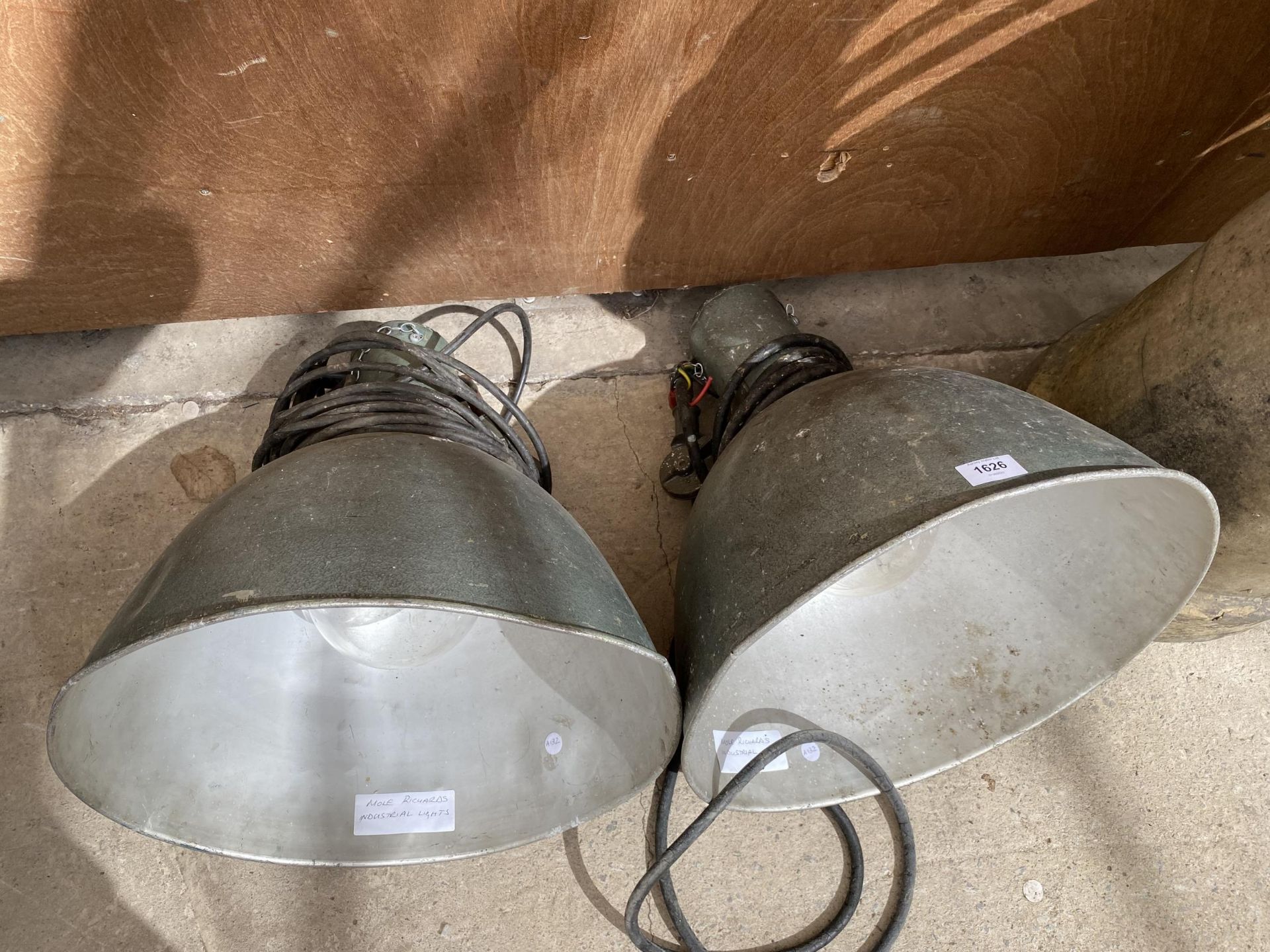 A PAIR OF VINTAGE MOLE RICHARDS INDUSTRIAL LIGHTS