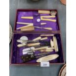 A QUANTITY OF VINTAGE MANICURE ITEMS, GLOVE STRETCHERS, ETC IN A BOX