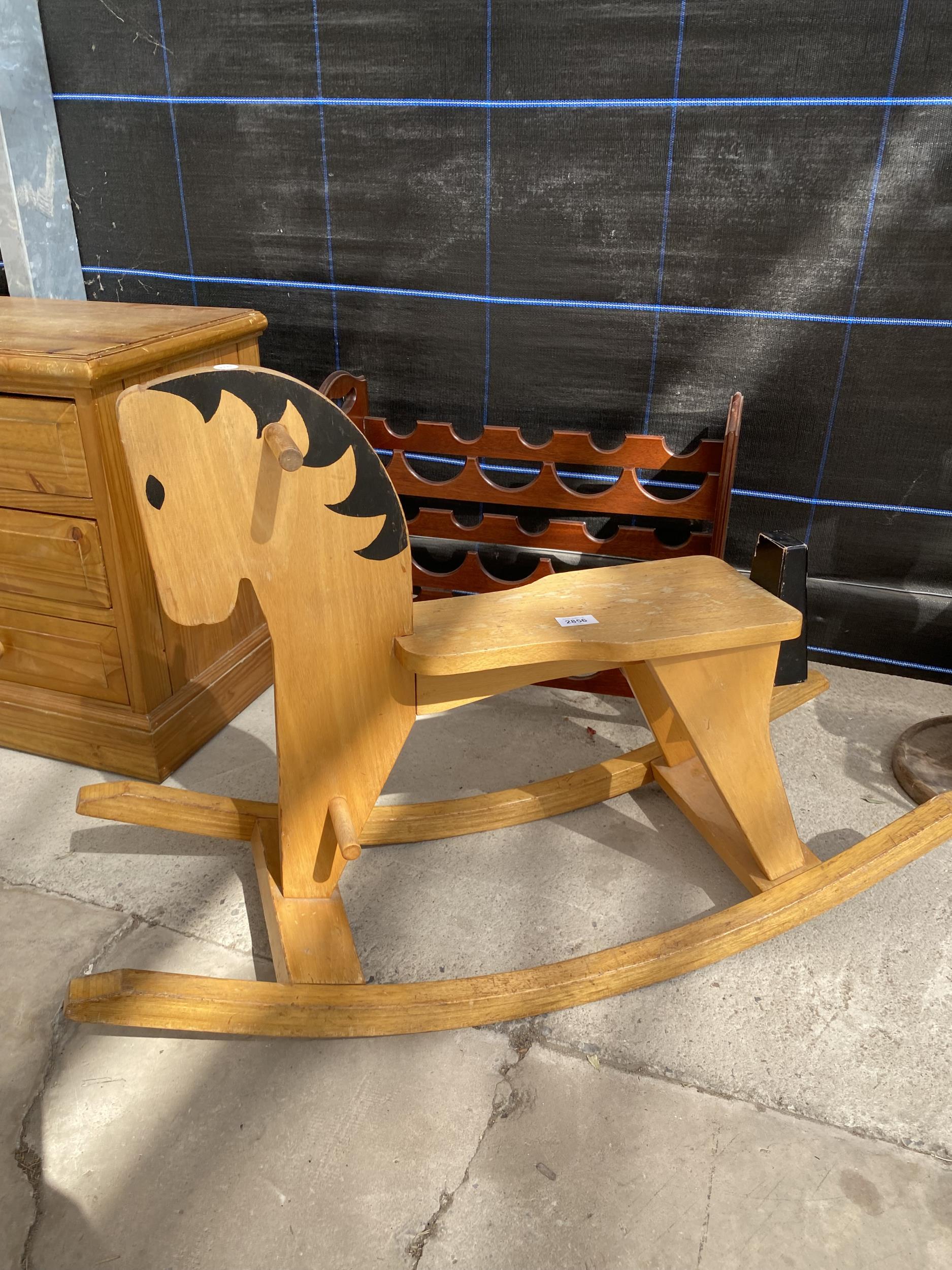 A MODERN HARDWOOD ROCKING HORSE/CHAIR AND FIFTEEN BOTTLE WINE RACK - Image 3 of 3