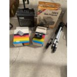 AN ASSORTMENT OF ITEMS TO INCLUDE CAMERAS, A TRIPOD STAND AND AVEX AMPLIFIER ETC