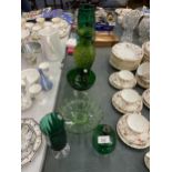 A QUANTITY OF VINTAGE GREEN GLASSWARE TO INCLUDE VASES, BOWLS, ETC