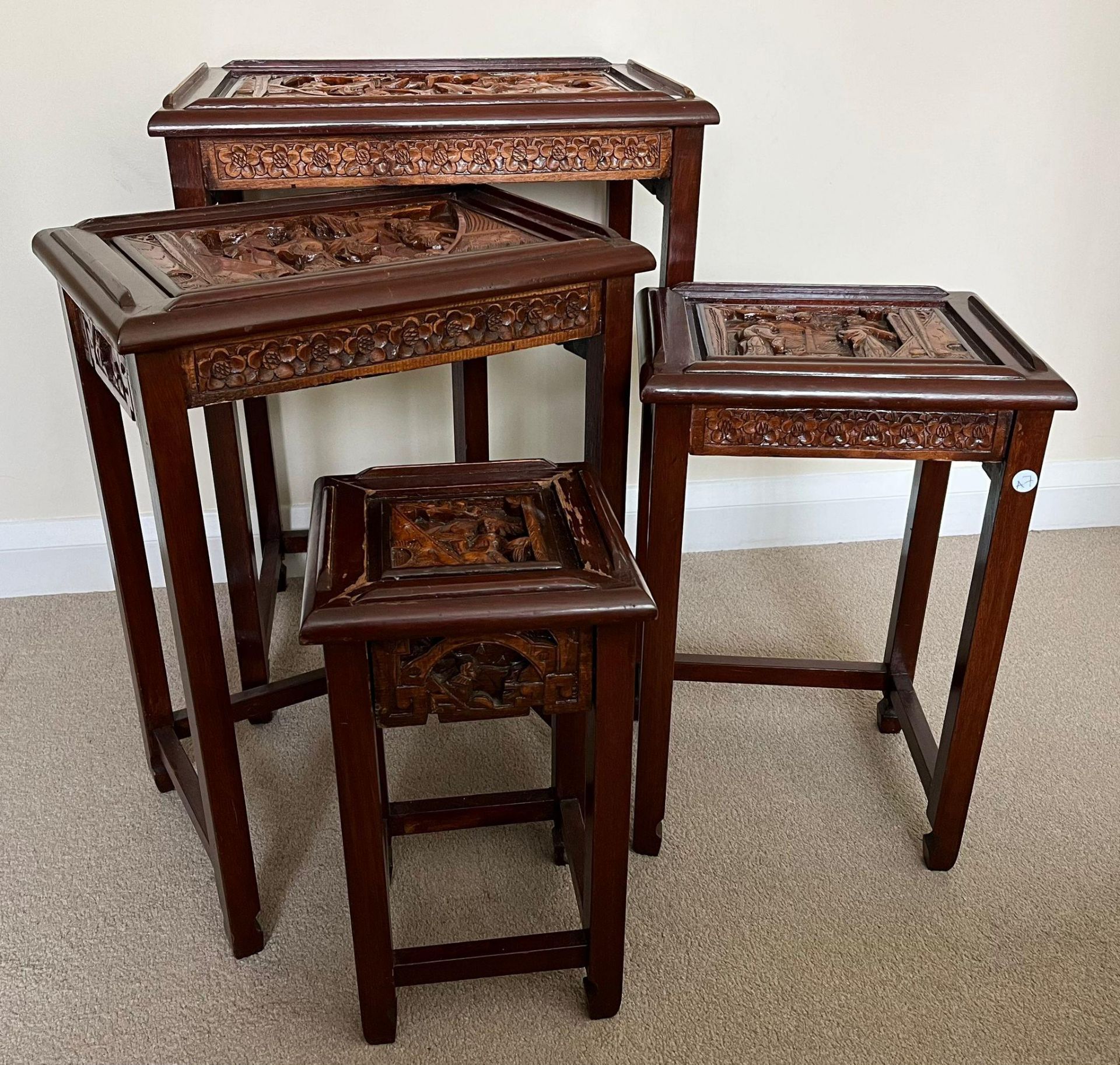A SET OF FOUR CHINESE CARVED HARDWOOD NEST OF TABLES, THE SMALLEST WITH SINGLE DRAWER - Image 2 of 5