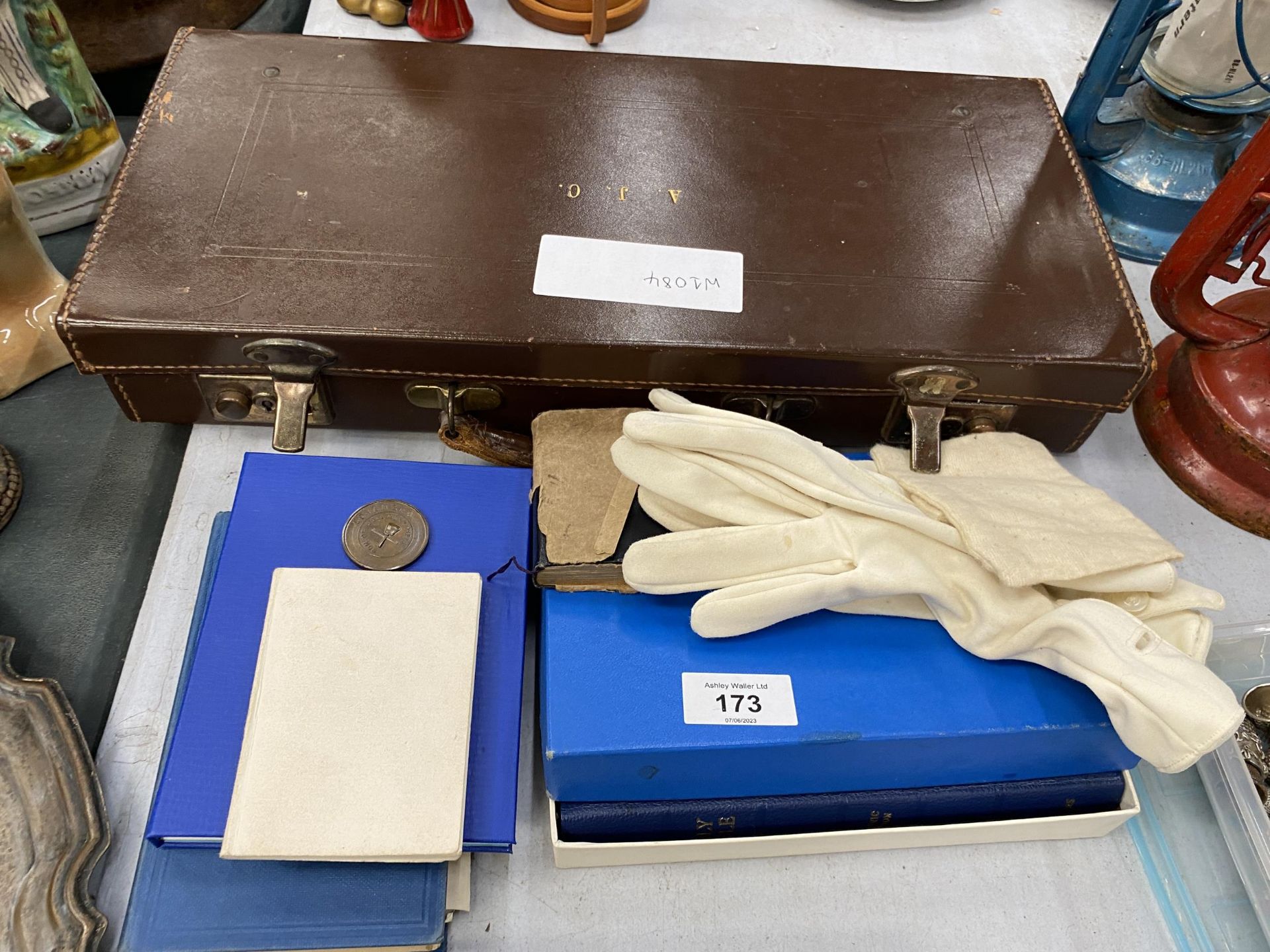 A VINTAGE MASONIC CASE WITH CONTENTS