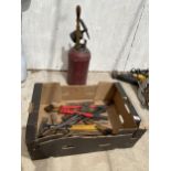 AN ASSORTMENT OF ITEMS TO INCLUDE AXES, BOLT CUTTERS AND A VINTAGE BLOW TORCH ETC