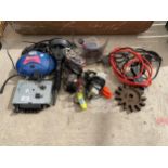 AN ASSORTMENT OF ITEMS TO INCLUDE A CAR STEREO AND JUMP LEADS ETC