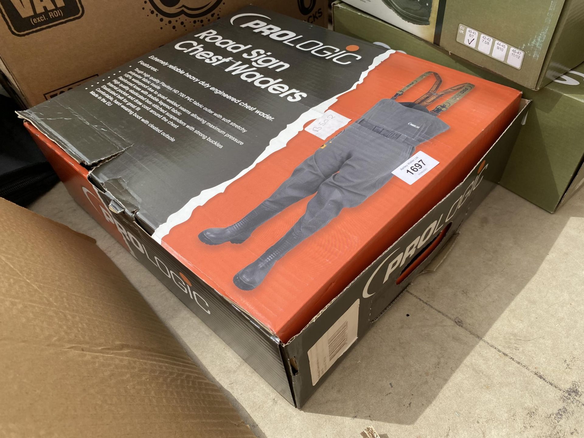 A BOXED PAIR OF PROLOGIC ROAD SIGN CHEST WADERS (FROM A TACKLE SHOP CLEARANCE)