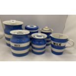 A COLLECTION OF SIX VINTAGE T.G GREEN & CO CORNISH WARE KITCHEN JARS TO INCLUDE A RICE EXAMPLE AND