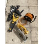 AN ASSORTMENT OF POWER TOOLS TO INCLUDE A DEWALT RIP SAW AND A BLACK AND DECKER DRILL ETC