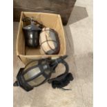 AN ASSORTMENT OF OUTDOOR LIGHTS AND A VINTAGE WOODEN JOINERS CHEST