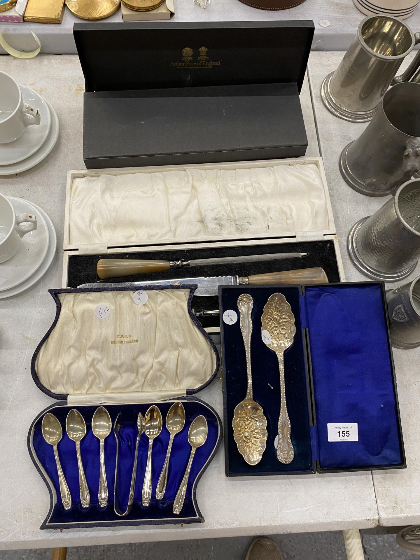 FOUR CASED VINTAGE SILVER PLATED FLATWARE SETS, BERRY SPOONS, ARTHUR PRICE ETC