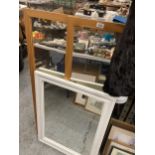 THREE MODERN MIRRORS, TWO WITH PINE FRAMES THE OTHER A WHITE FRAME