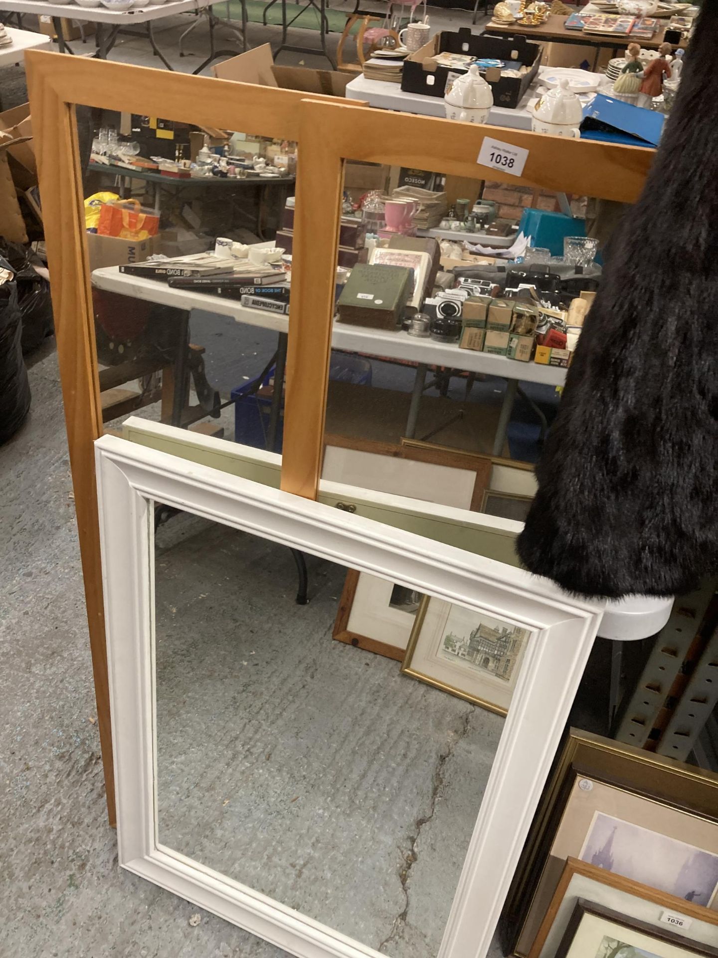 THREE MODERN MIRRORS, TWO WITH PINE FRAMES THE OTHER A WHITE FRAME