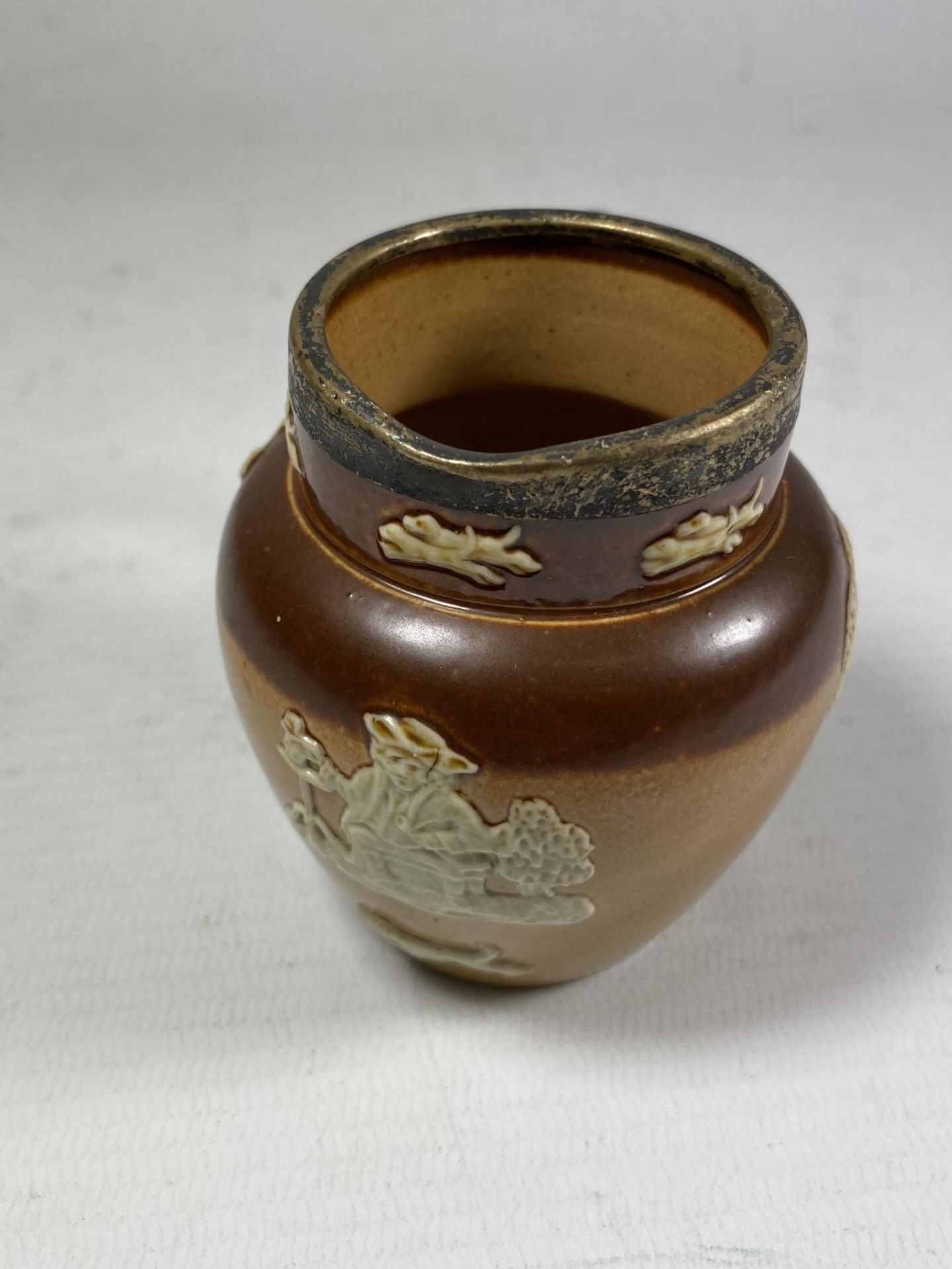 A ROYAL DOULTON LAMBETH SALT GLAZED HUNTING JUG WITH SILVER RIM - Image 2 of 3