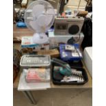 AN ASSORTMENT OF ITEMS TO INCLUDE A DESK FAN, A BOSCH TRIMMER AND A CAMERA ETC