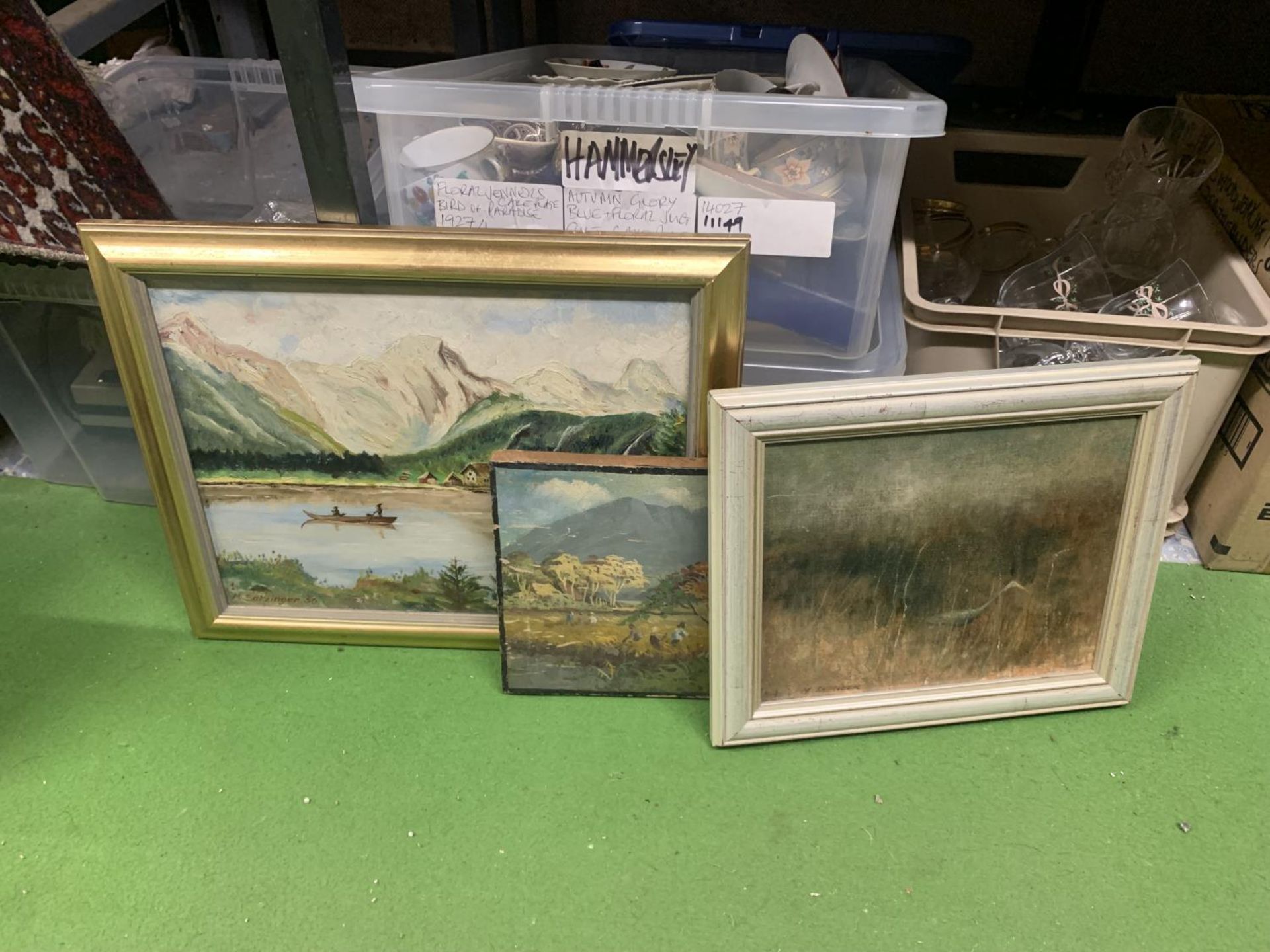 THREE OILS ON BOARD, A CRANE SIGNED M SHERLOCK, A BOAT ON A LAKE WITH MOUNTAINS SIGNED M