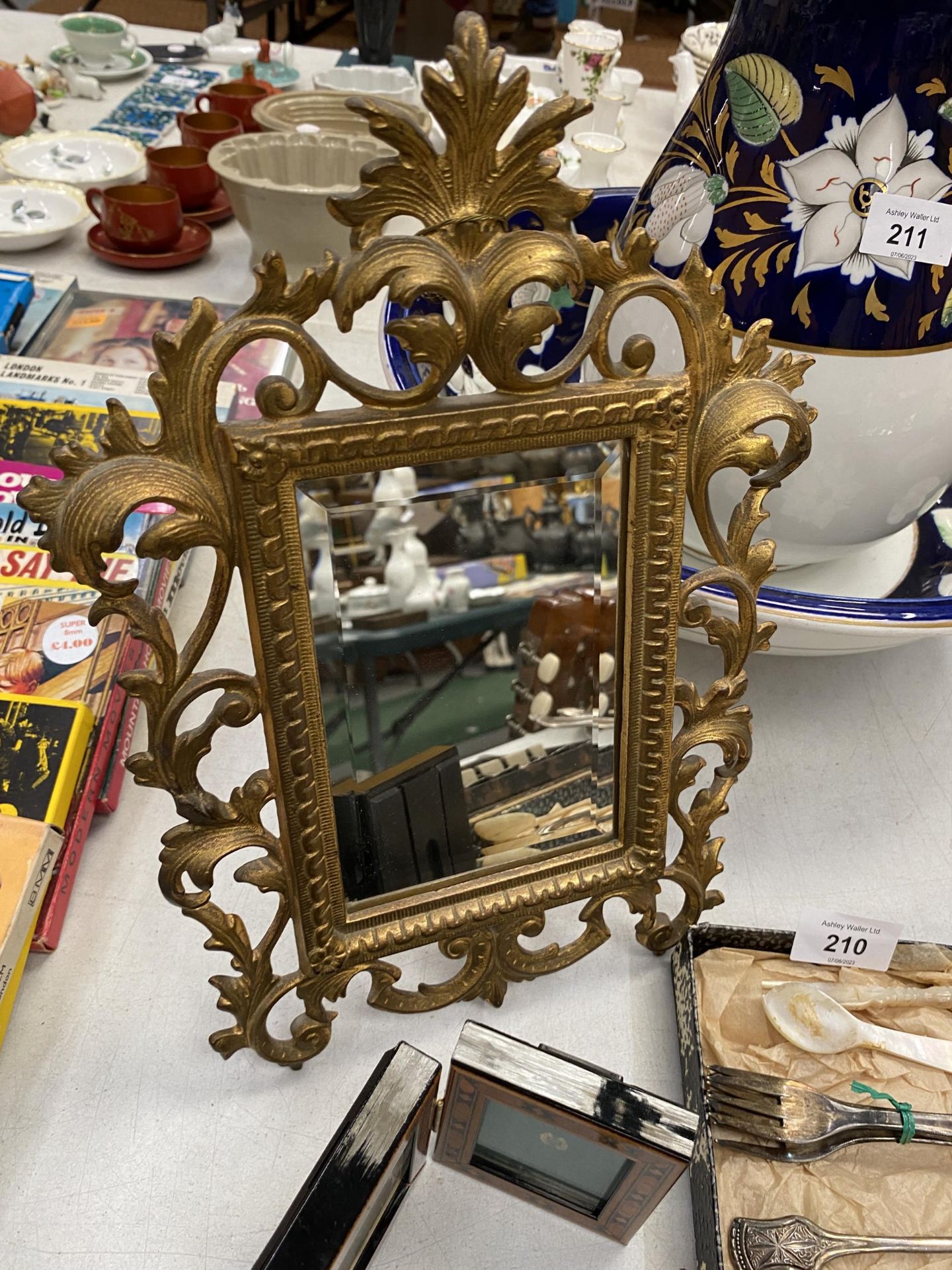A BRASS MIRROR WITH BEVELLED GLASS, WOOD PICTURE FRAME, SPOON SET, KNIFE SHARPENER, ETC - Image 2 of 3