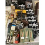 A LARGE COLLECTION OF VINTAGE CAMERAS AND ACCESSORIES TO INCLUDE PRAKTICA LTL 3, ZENIT-8, PENTAX