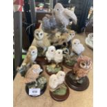 A COLLECTION OF OWL FIGURES ON WOODEN BASES