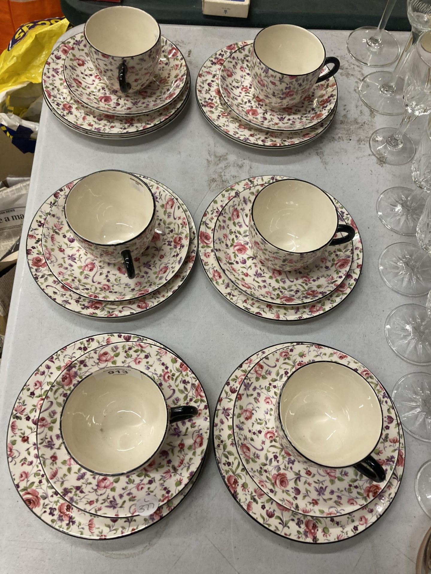 SIX VINTAGE BURLINGTON WARE CHINTZ STYLE TRIOS