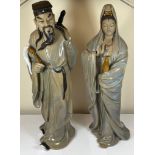 A LARGE PAIR OF CHINESE STONEWARE POTTERY IMMORTALS FIGURES - SCHOLAR IN ROBE AND GEISHA LADY,