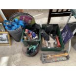 AN ASSORTMENT OF TOOLS AND HARDWARE TO INCLUDE TROWELS AND A TILE CUTTER ETC