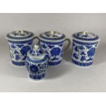 A GROUP OF MODERN CHINESE BLUE AND WHITE ITEMS - LIDDED JAR AND SET OF SIX LIDDED MUGS