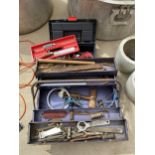 AN ASSORTMENT OF TOOL BOXES AND TOOLS TO INCLUDE SPANNERS AND HAMMERS ETC