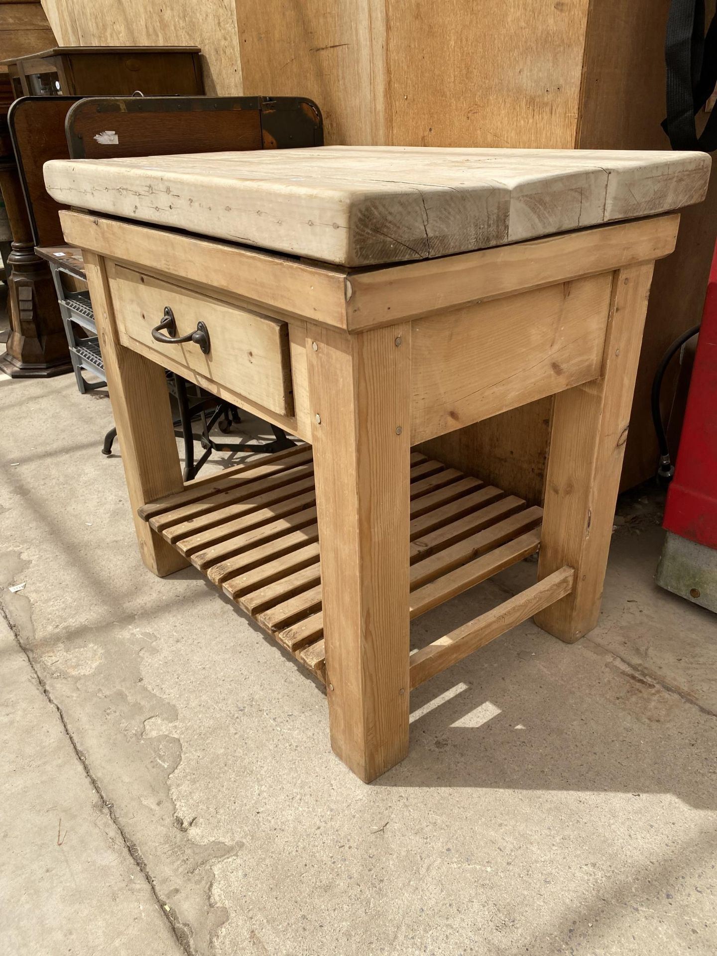 A RUSTIC PINE BUTCHERS BLOCK (96CM x 70CM x 90CM) - Image 2 of 6