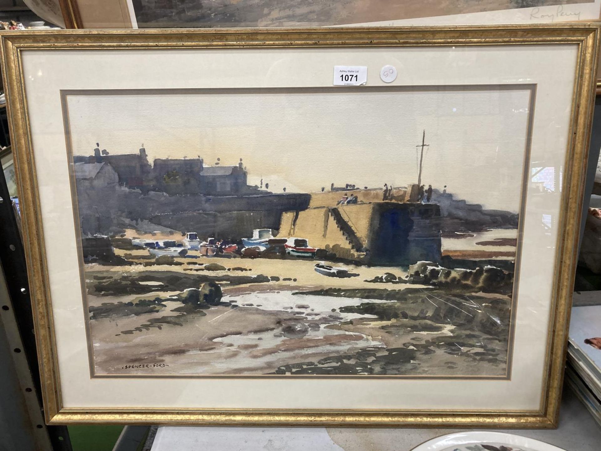 A FRAMED SIGNED WATERCOLOUR BY SPENCER FORD, 'LOW TIDE AT CEMAES BAY, ANGLESEY'