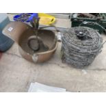 A COPPER COAL BUCKET, HORN AND A ROLL OF BARBWIRE