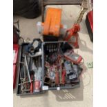 AN ASSORTMENT OF TOOLS TO INCLUDE AN AXEL STAND AND ELECTRIC TESTERS ETC