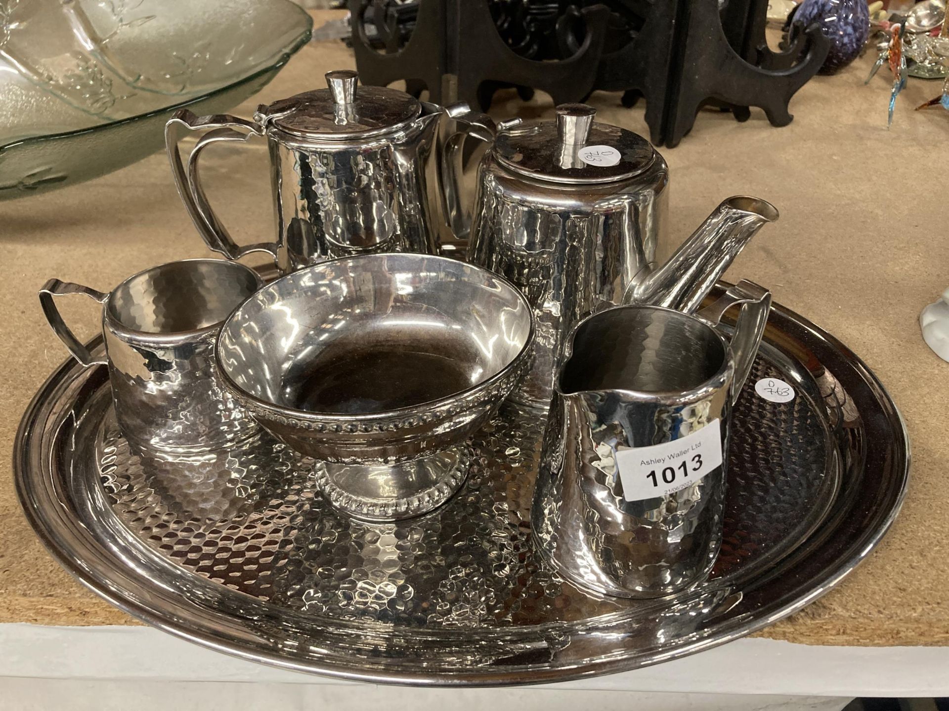A SILVER PLATED OLD HALL TEASET TO INCLUDE A TRAY, TEAPOT, HOT WATER JUG, CREAM JUG AND SUGAR BOWLS