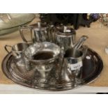 A SILVER PLATED OLD HALL TEASET TO INCLUDE A TRAY, TEAPOT, HOT WATER JUG, CREAM JUG AND SUGAR BOWLS