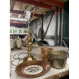 A LARGE BRASS TABLE LAMP, PLANTERS AND A COPPER PLATE WITH CERAMIC HUNTING SCENE