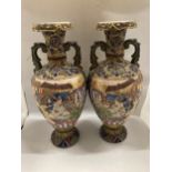 A PAIR OF JAPANESE SATSUMA TWIN HANDLED VASES, HEIGHT 49CM