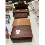 A GROUP OF FIVE VINTAGE BOXES TO INCLUDE CARVED MIDDLE EASTERN EXAMPLE ETC