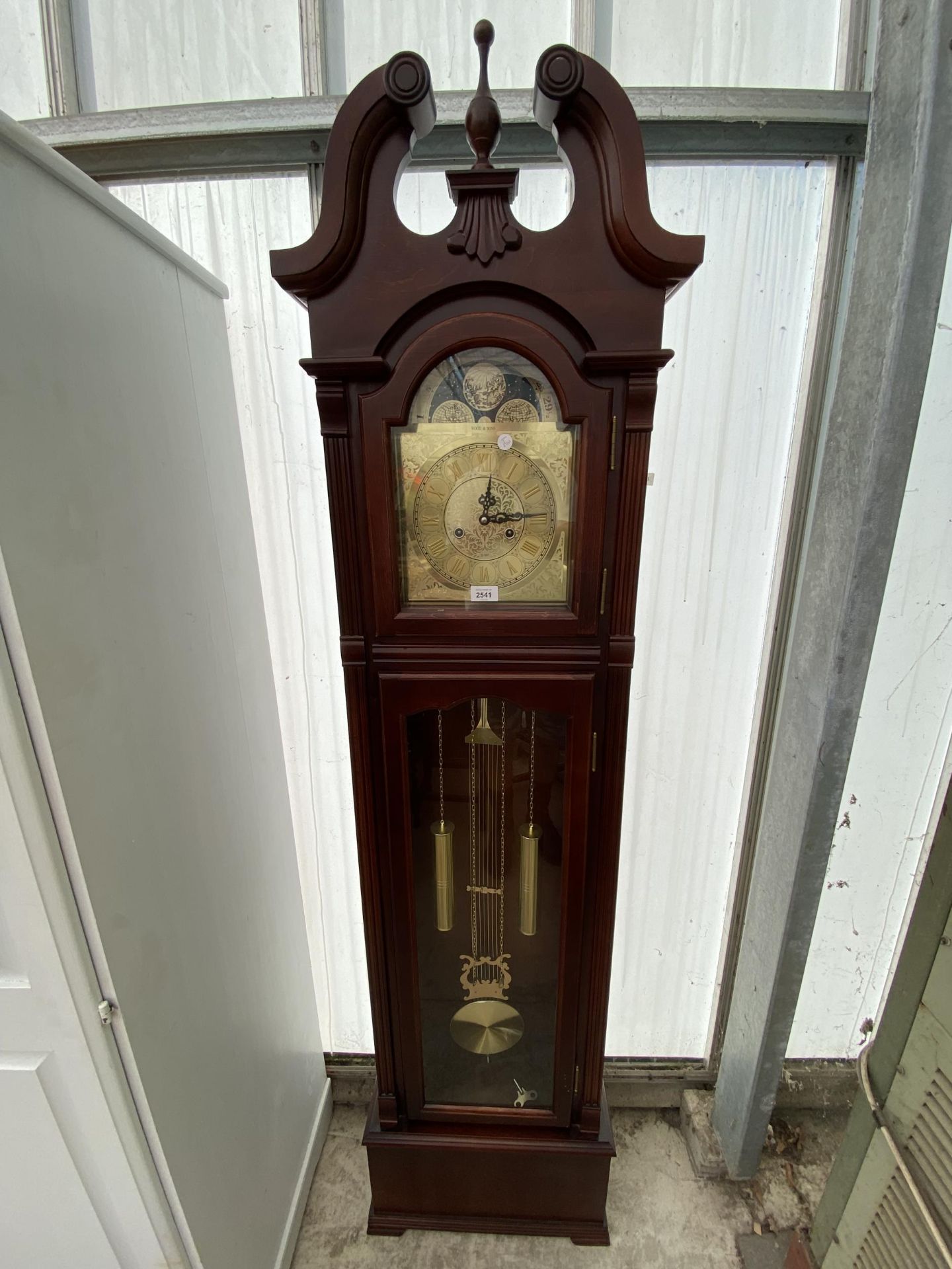 A WOOD & SONS LONGCASE CLOCK WITH BRASS DIAL, WEIGHTS, PENDULUM AND GLASS DOOR
