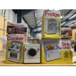 A QUANTITY OF MINIATURE APPLIANCES TO INCLUDE A COOKER, FRIDGE, WASHING MACHINE ETC SOME BOXED