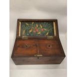 A VINTAGE MAHOGANY TEA CADDY WITH TWO INNER COMPARTMENTS