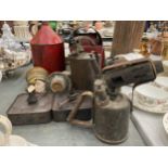 A MIXED LOT OF VINTAGE METAL ITEMS, GAS CAN, BLOW TORCHES, LANTERN ETC