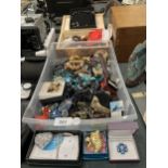 A LARGE MIXED LOT OF COSTUME JEWELLERY, BOXED ITEMS, WOODEN BOX ETC