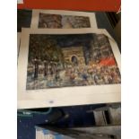 THREE UNFRAMED PRINTS OF PARIS, THE CHAMPS ELYSEES, PLACE DU TERTRE AND THE EIFFEL TOWER