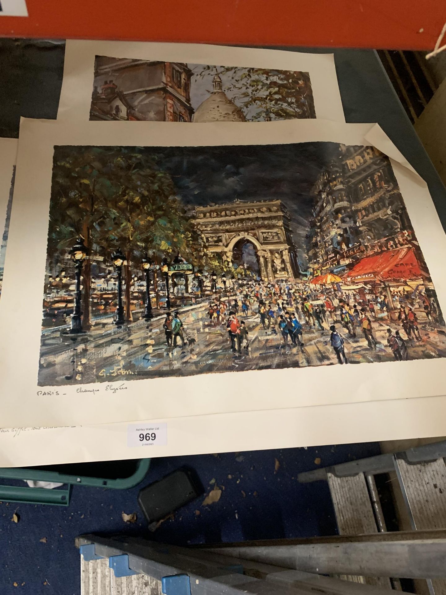 THREE UNFRAMED PRINTS OF PARIS, THE CHAMPS ELYSEES, PLACE DU TERTRE AND THE EIFFEL TOWER