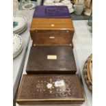 FOUR VINTAGE WOODEN BOXES TO INCLUDE CARVED AND INLAID PLUS A LARGE CASH TIN