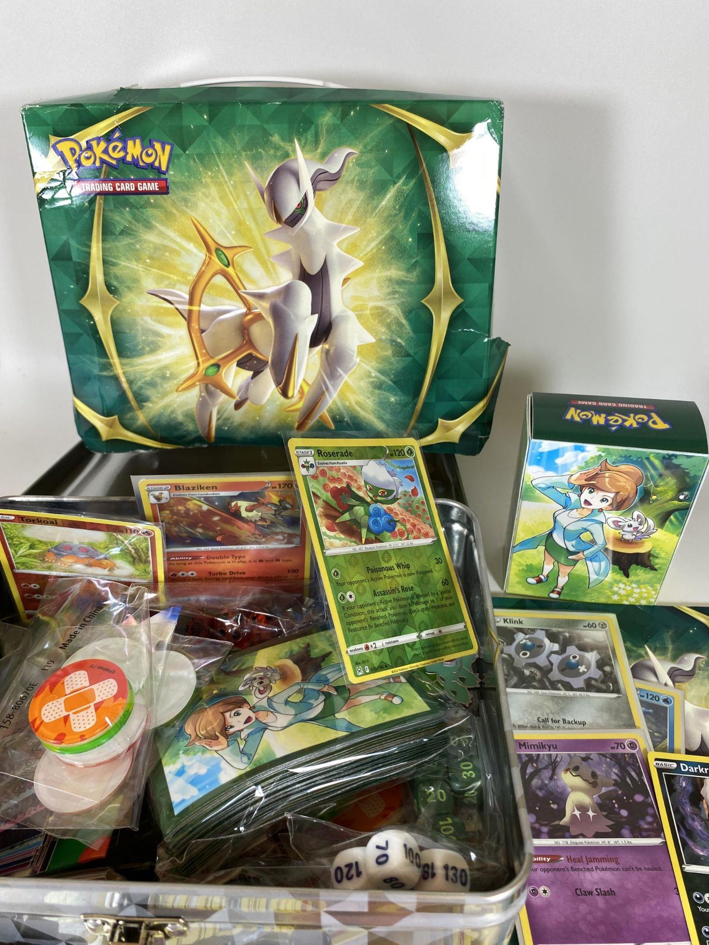 A POKEMON TIN TRAINER BOX FULL OF CARDS, GAME COUNTERS, RARES, HOLOS ETC - Image 3 of 5
