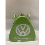 A GREEN VW METAL PETROL CAN WITH BRASS TOP
