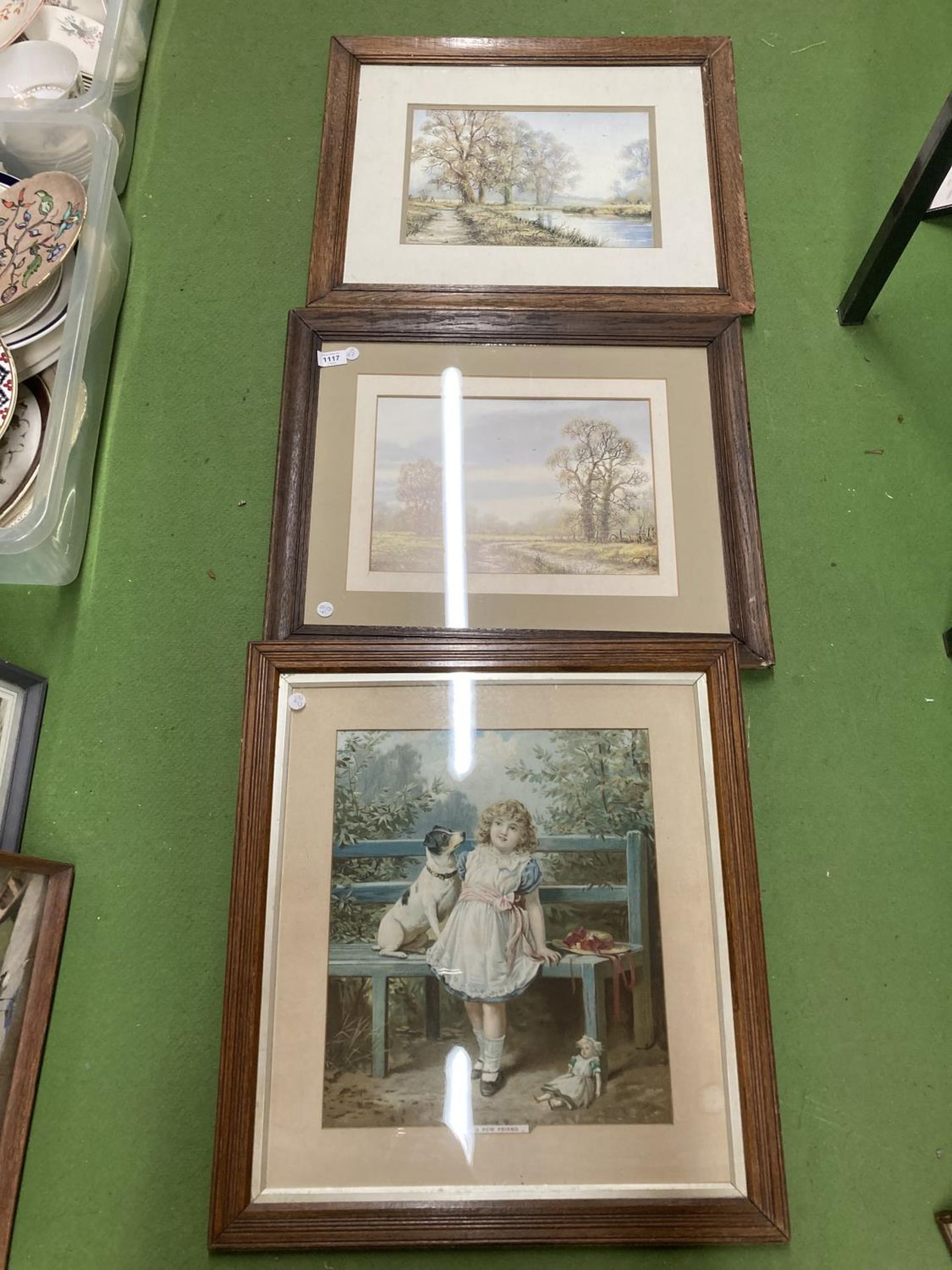 THREE VINTAGE OAK FRAMED PRINTS TO INCLUDE 'A NEW FRIEND' ETC