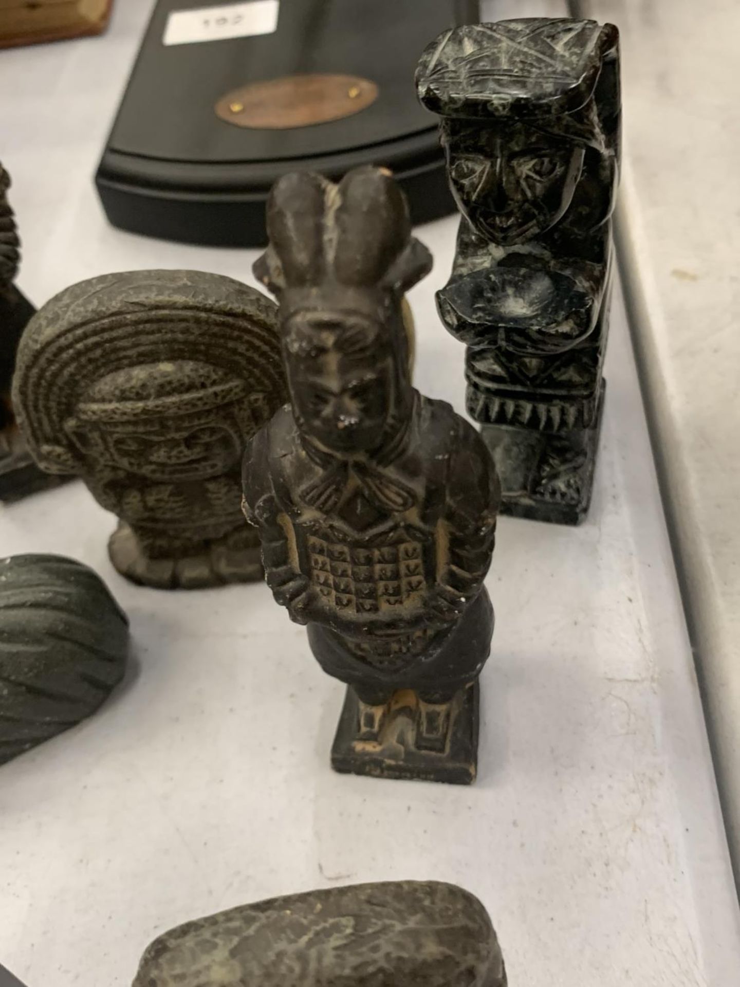 A QUANTITY OF CARVED STONE FIGURES TO INCLUDE A RAM, ORIENTAL STYLE, AZTEC STYLE, ETC - Image 4 of 4