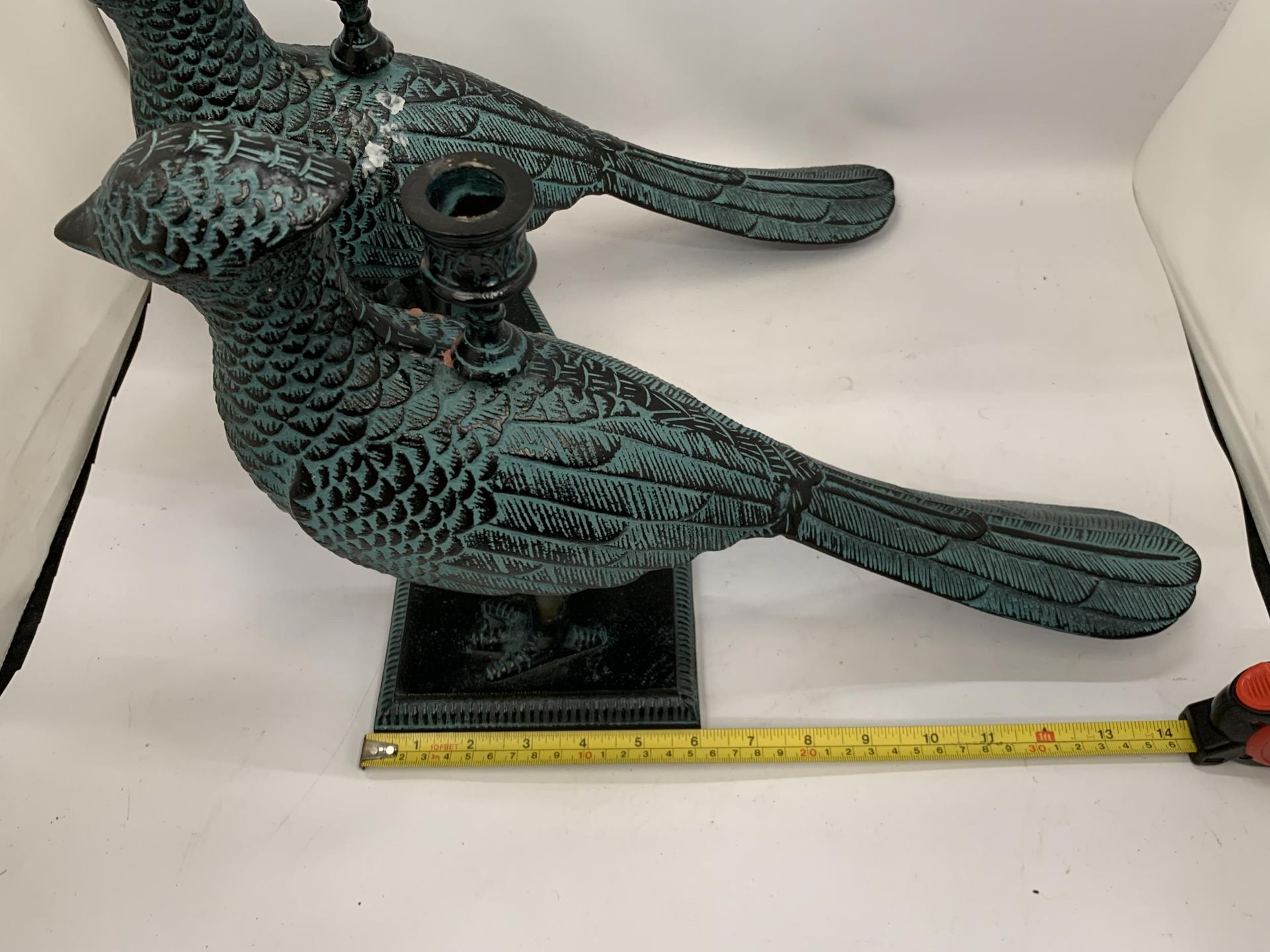 TWO UNUSUAL TURQUOISE BIRD DESIGN CANDLE HOLDERS, LENGTH 36CM - Image 3 of 3