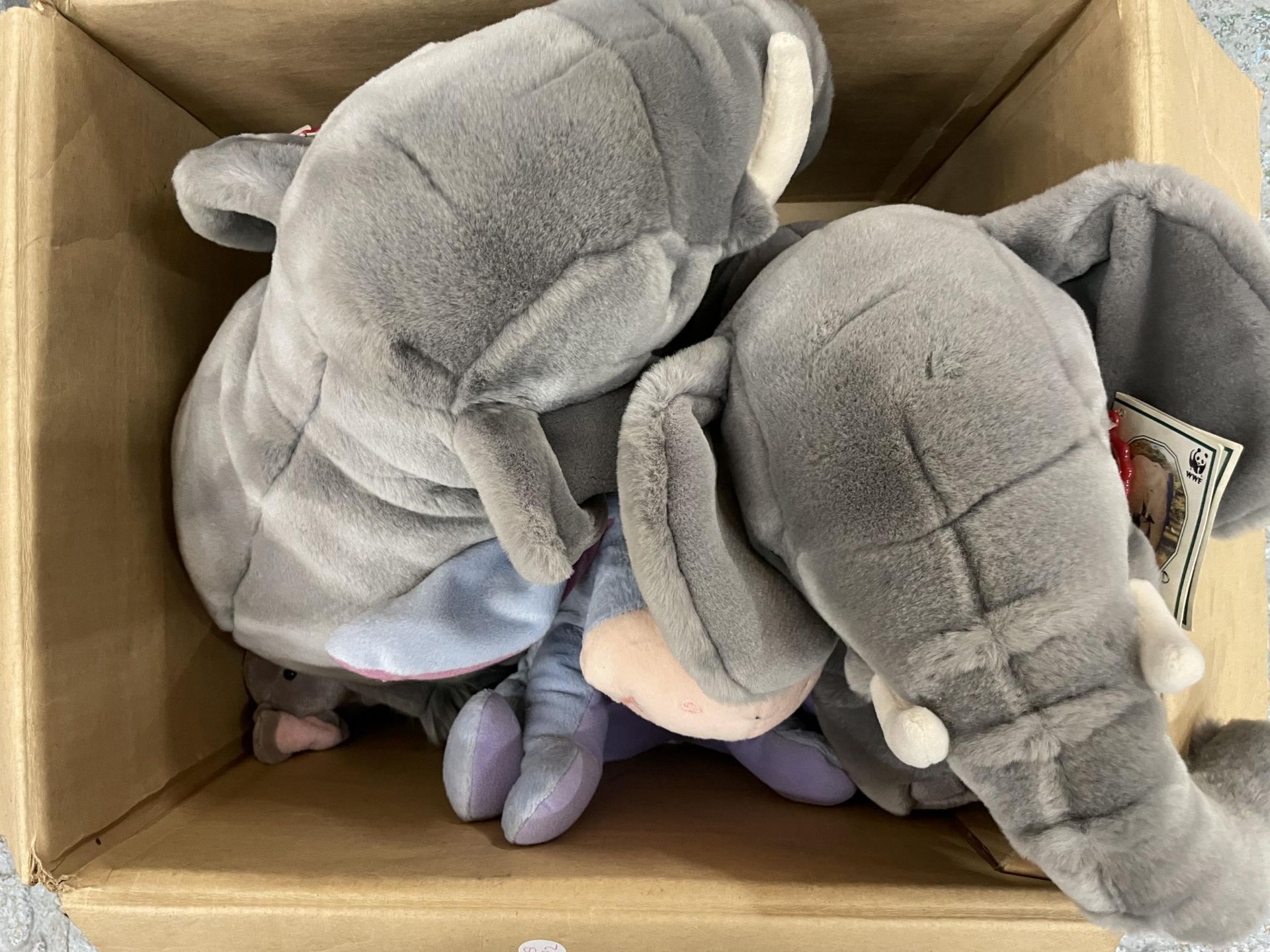 FIVE ASSORTED CUDDLY TOYS TO INCLUDE TWO LARGE ELEPHANTS SOME WITH TAGS